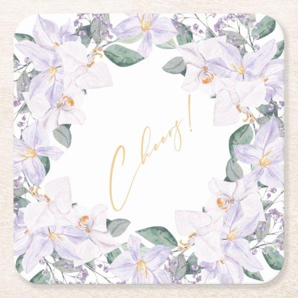 Elegant Purple & Greenery Watercolor Cheers! Square Paper Coaster