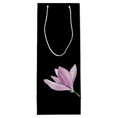 Elegant Purple Magnolia Watercolor Floral Black Wine Gift Bag