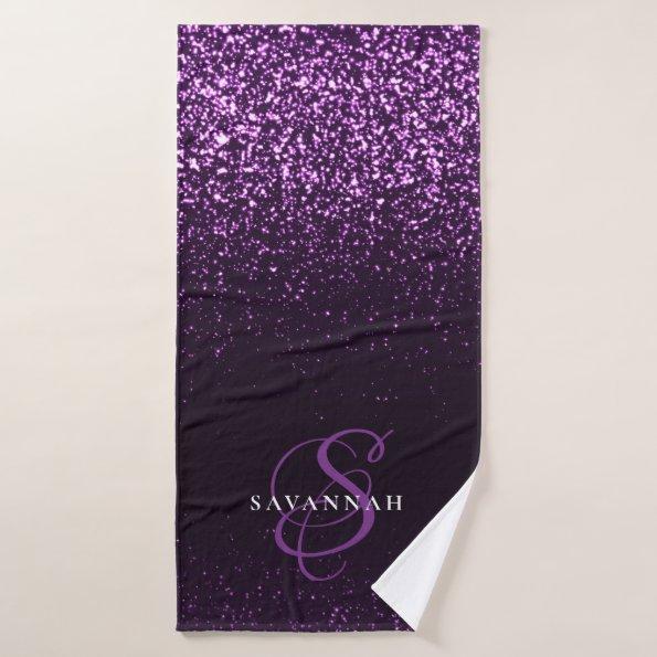 Elegant Purple Monogram Script Stylish Glitter Bath Towel
