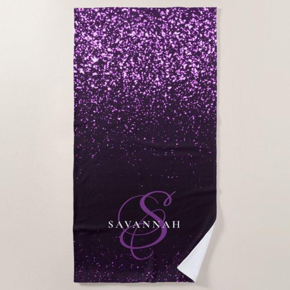 Elegant Purple Monogram Script Stylish Glitter Beach Towel