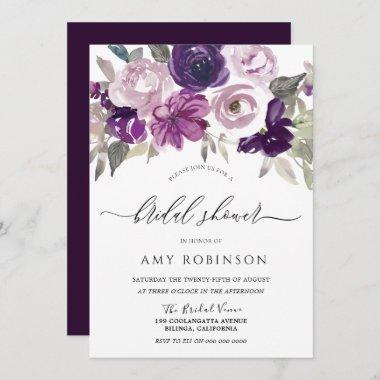 Elegant Purple Watercolor Floral Bridal Shower Invitations