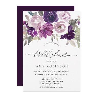 Elegant Purple Watercolor Floral Bridal Shower Invitations