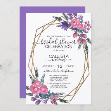 Elegant Purple Watercolor Flower Bridal Shower Invitations