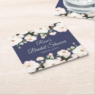 Elegant Purple White Roses Bridal Shower Square Paper Coaster
