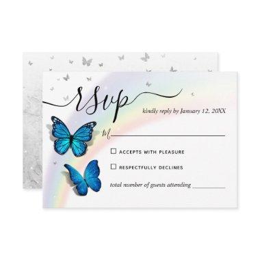 Elegant Rainbow Silver and Blue Butterfly Wedding RSVP Card