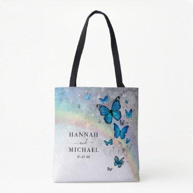 Elegant Rainbow Silver and Blue Butterfly Wedding Tote Bag