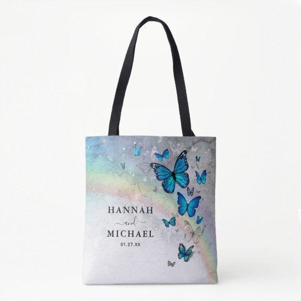 Elegant Rainbow Silver and Blue Butterfly Wedding Tote Bag