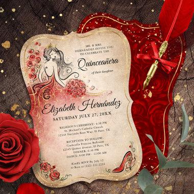 Elegant Red and Gold Princess Quinceanera Birthday Invitations