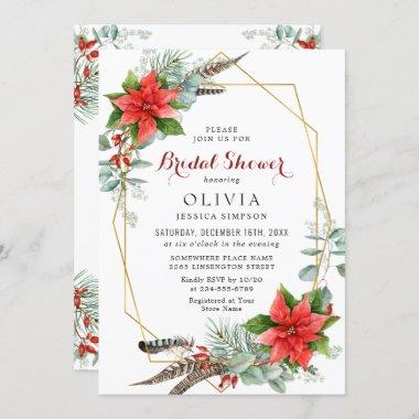 Elegant Red Poinsettia Eucalyptus Bridal Shower Invitations