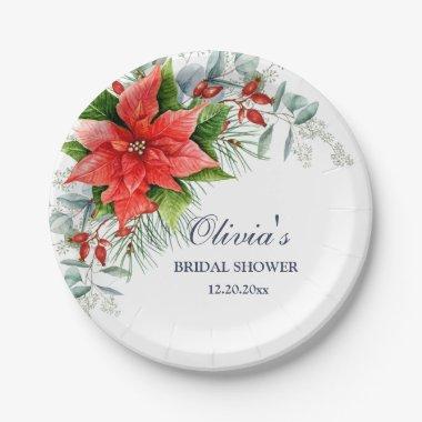 Elegant Red Poinsettia Eucalyptus  Paper Plates