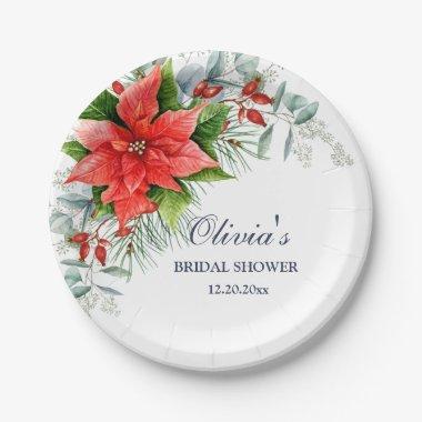 Elegant Red Poinsettia Eucalyptus BRIDAL SHOWER Paper Plates