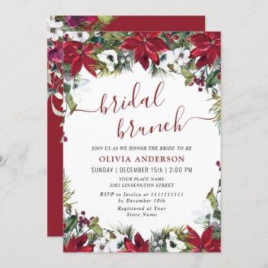 Elegant Red Poinsettia Watercolor Bridal Brunch Invitations