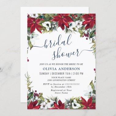 Elegant Red Poinsettia Watercolor Bridal Shower Invitations