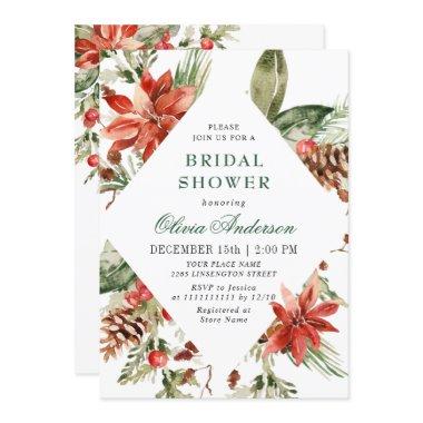 Elegant Red Poinsettia Watercolor BRIDAL SHOWER Invitations