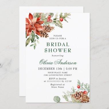 Elegant Red Poinsettia Watercolor BRIDAL SHOWER Invitations