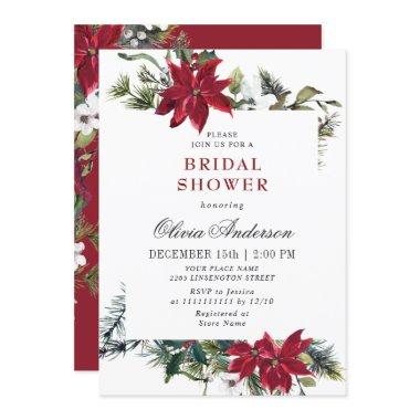 Elegant Red Poinsettia Watercolor BRIDAL SHOWER Invitations