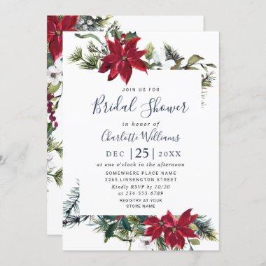 Elegant Red Poinsettia Watercolor Bridal Shower Invitations