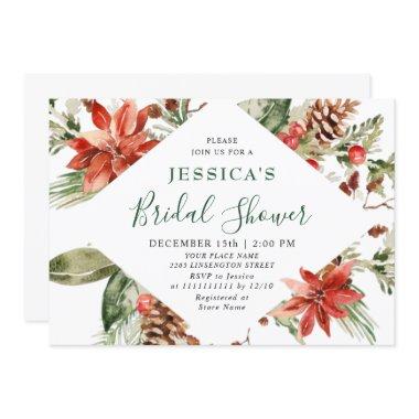 Elegant Red Poinsettia Watercolor BRIDAL SHOWER Invitations