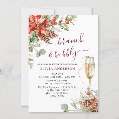 Elegant Red Poinsettia Watercolor Brunch & Bubbly Invitations