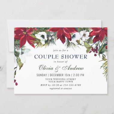 Elegant Red Poinsettia Watercolor COUPLE SHOWER In Invitations