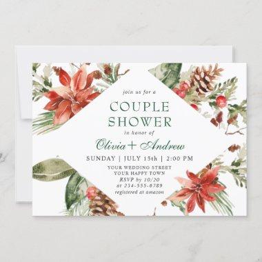Elegant Red Poinsettia Watercolor COUPLE SHOWER Invitations