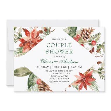 Elegant Red Poinsettia Watercolor COUPLE SHOWER Invitations