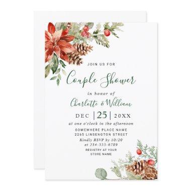 Elegant Red Poinsettia Watercolor COUPLE SHOWER Invitations