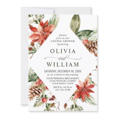 Elegant Red Poinsettia Watercolor COUPLE SHOWER Invitations