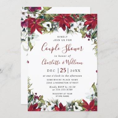 Elegant Red Poinsettia Watercolor COUPLE SHOWER Invitations