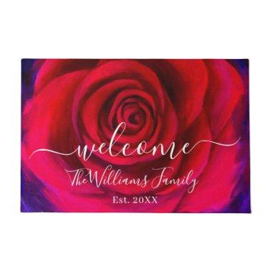 Elegant Red Rose Name Script Welcome Floral Doormat
