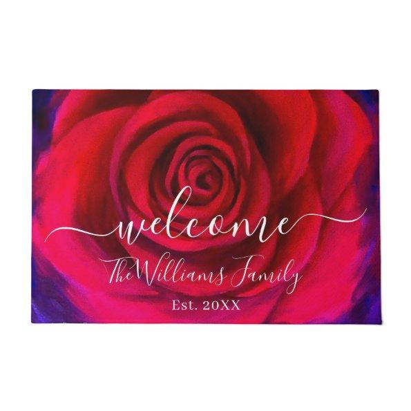 Elegant Red Rose Name Script Welcome Floral Doormat