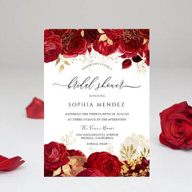 Elegant Red Roses Gold leaf Bridal Shower Invitations