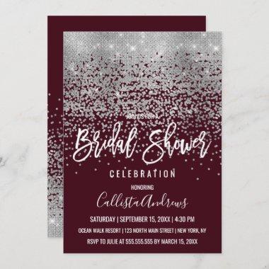 Elegant Red Silver Glitter Confetti Bridal Shower Invitations