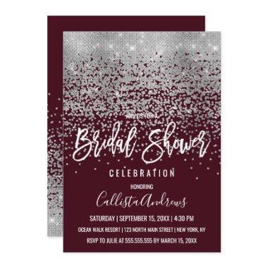 Elegant Red Silver Glitter Confetti Bridal Shower Invitations