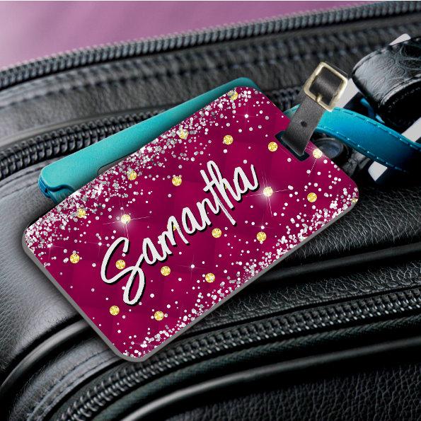 Elegant red silver sparkly glitter monogram luggage tag