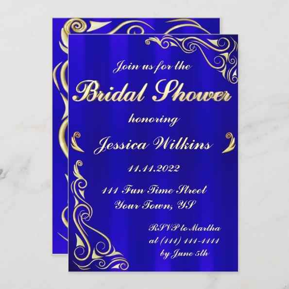 Elegant Regal Golden Royal Blue Bridal Shower Invitations