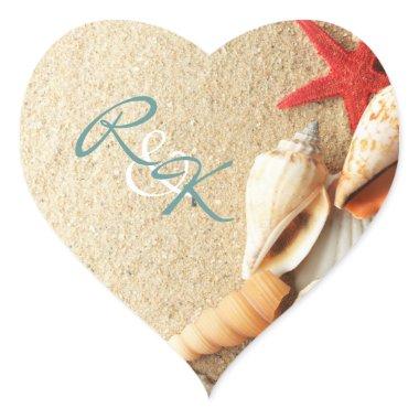 elegant romantic sand seashells beach wedding heart sticker