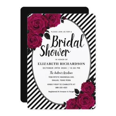 Elegant Rose Black Stripes Gothic Bridal Shower Invitations