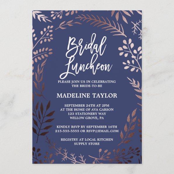 Elegant Rose Gold and Navy Bridal Luncheon Invitations