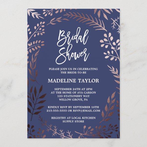 Elegant Rose Gold and Navy Bridal Shower Invitations
