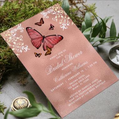 Elegant Rose Gold Butterfly Floral Bridal Shower Invitations