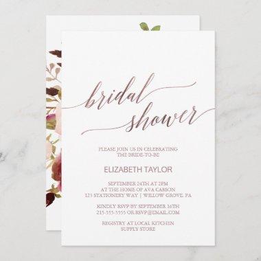 Elegant Rose Gold Calligraphy Floral Bridal Shower Invitations