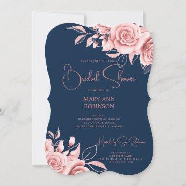 Elegant Rose Gold Floral Bridal Shower Navy Invitations