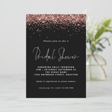 Elegant Rose Gold Glitter Bridal Shower Black Invitations