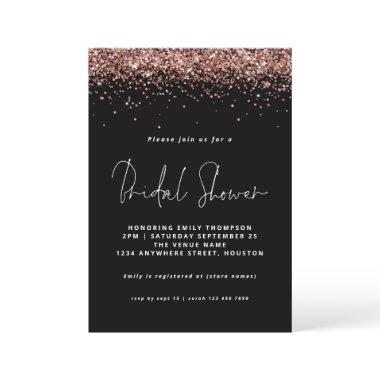 Elegant Rose Gold Glitter Bridal Shower Black Invitations