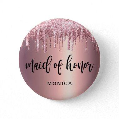 Elegant rose gold glitter drips maid of honor button