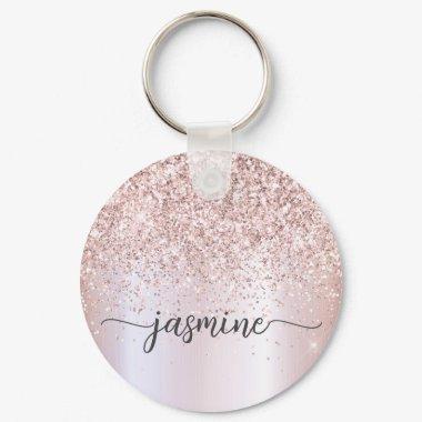 Elegant Rose Gold Glitter Monogram Name Script Keychain