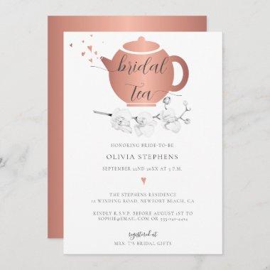 Elegant Rose Gold Hearts Orchid Floral Bridal Tea Invitations
