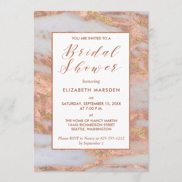 Elegant Rose Gold Marble Script Bridal Shower Invitations