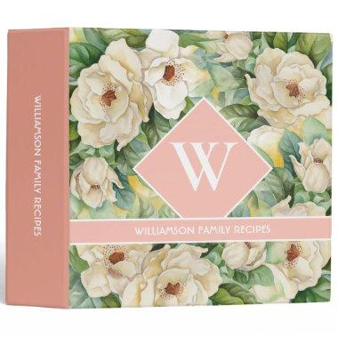 Elegant Rose Gold Monogram Magnolia Floral Recipe 3 Ring Binder